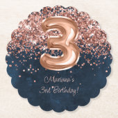 ローズゴールド ネイビーブルー 3歳 誕生日パーティー ペーパーコースター (正面)
