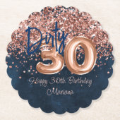 ローズゴールド ネイビーブルー 30歳の誕生日パーティー ペーパーコースター (正面)