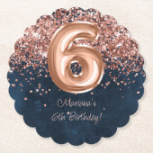 ローズゴールド ネイビーブルー 6歳の誕生日パーティー ペーパーコースター (正面)