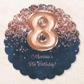 ローズゴールド ネイビーブルー 8歳の誕生日パーティー ペーパーコースター (正面)