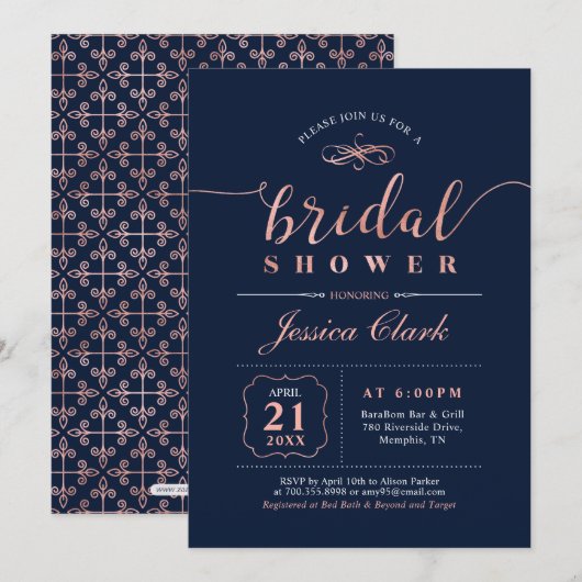 ローズゴールド & ネイビー | エレガントなウェディング ブライダルシャワー 招待状 (正面/裏面)