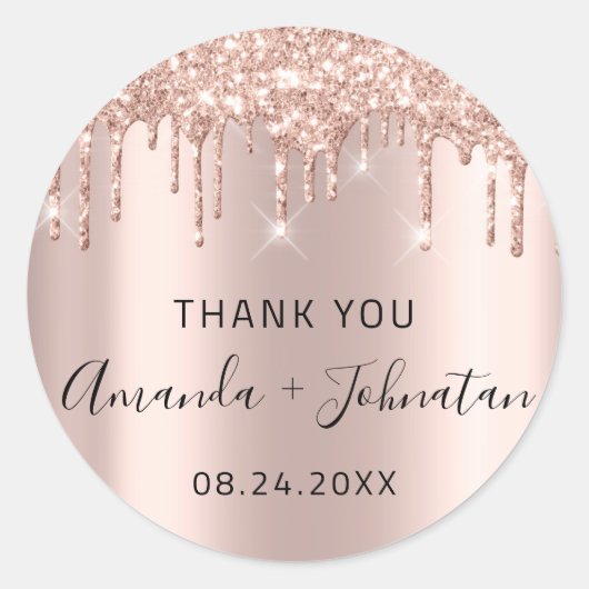 ローズゴールド ネーム セーブ ザ デート ブラック ドリップス ラウンドシール (正面)