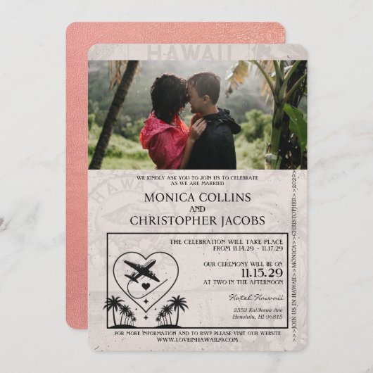 ローズゴールド ハワイ パスポート 結婚式招待状 招待状 (正面/裏面)