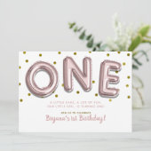 ローズゴールド バルーン コンフェティ ONE 1歳 誕生日 パーティー 招待状 (スタンド正面)