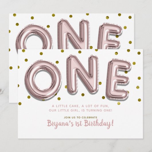ローズゴールド バルーン コンフェティ ONE 1歳 誕生日 パーティー 招待状 (正面/裏面)