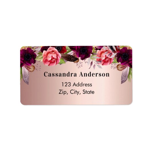ローズゴールド バーガンディ フラワーズ 返信先住所 ラベル (正面)