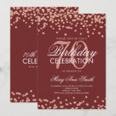 ローズゴールド バーガンディ 70歳の誕生日 グリッター コンフェッティ 招待状 (正面/裏面)