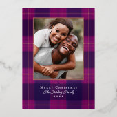 ローズゴールド＆パープルチェック柄ホリデー写真カード 箔シーズンカード (正面)