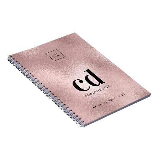 ローズゴールド、ピンクのモノグラムイニシャルビジネスロゴ ノートブック (右側)