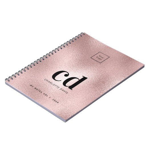 ローズゴールド、ピンクのモノグラムイニシャルビジネスロゴ ノートブック (左側)