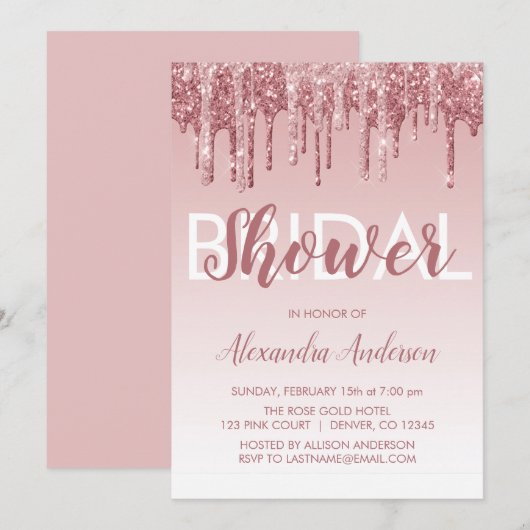 ローズゴールド | ピンクスパークルグリッターブライダルシャワー 招待状 (正面/裏面)