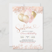 ローズゴールド ピンク風船 16歳 誕生日パーティー 招待状 (正面)