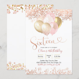 ローズゴールド ピンク風船 16歳 誕生日パーティー 招待状
