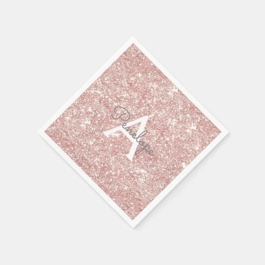 ローズゴールド ピンク グリッターとスパークル モノグラム スタンダードカクテルナプキン (角)