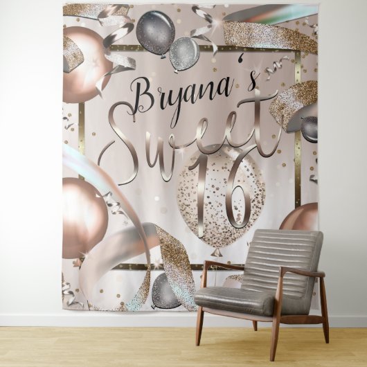 ローズゴールド ピンク グリッター バルーン スイート16 背景 タペストリー (インサイチュ)