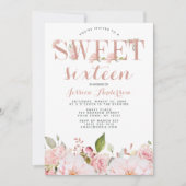 ローズゴールド ピンク グリッター フラワー スイート シックスティーン 招待状 (正面)