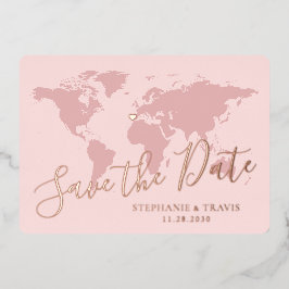 ローズゴールド ピンク 世界地図 Save the Date 箔招待状