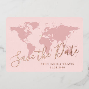 ローズゴールド ピンク 世界地図 Save the Date 箔招待状