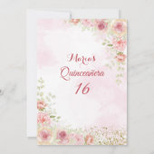 ローズゴールド フラワーズ ゴールド グリッター ブラッシュ ピンク スウィート16 招待状 (裏面)