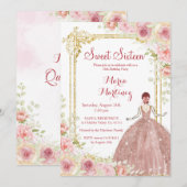 ローズゴールド フラワーズ ゴールド グリッター ブラッシュ ピンク スウィート16 招待状 (正面/裏面)