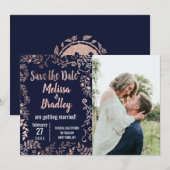 ローズゴールド フラワー ネイビーブルー ブラシ スクリプト Save Date 招待状 (正面/裏面)