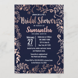 ローズゴールド フラワー ネイビーブルー ブラシ ブライダルシャワー 招待状