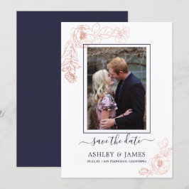 ローズゴールド フラワー ネイビー フォト ウェディング セーブ・ザ・デート 招待状