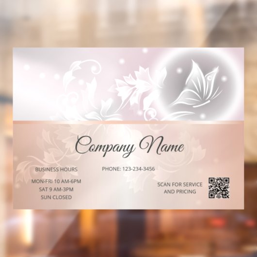 ローズゴールド フローラル バタフライ | 営業時間 QRコード ウィンドウサイン (シート2)