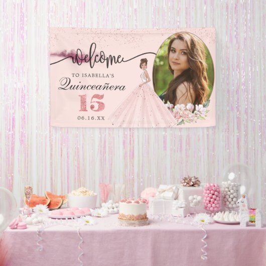 ローズゴールド フローラル 女子の15歳の誕生日 ウェルカムサイン 横断幕 (パーティー)