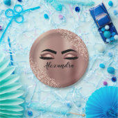 ローズゴールド ブッシュピンク モノグラム グリッター まつげ ペーパープレート (パーティー)