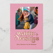 ローズゴールド＆ブッシュ モダン レトロ クリスマス フォト 箔シーズンカード (正面)