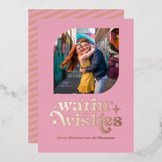 ローズゴールド＆ブッシュ モダン レトロ クリスマス フォト 箔シーズンカード (正面/裏面)