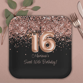 ローズゴールド ブラック サweet 16 誕生日パーティー ペーパープレート