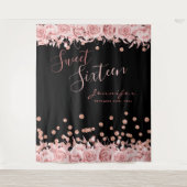ローズゴールド ブラック スウィート16 グリッター コンフェッティ フラワーリング タペストリー (正面)