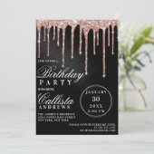 ローズゴールド ブラック メタリック グリッター ドリップス バースデー 招待状 (スタンド正面)