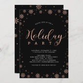 ローズゴールド & ブラック モダンな雪の結晶 ホリデーパーティー 招待状 (正面/裏面)