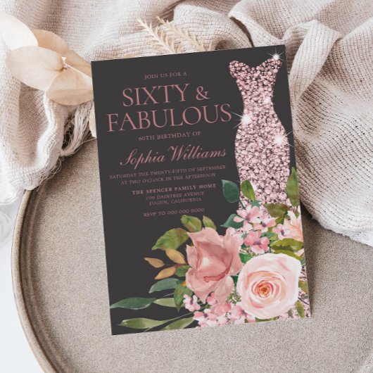 ローズゴールド ブラッシュピンクのお花 60歳の誕生日 招待状