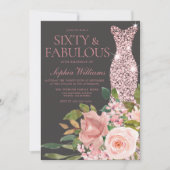 ローズゴールド ブラッシュピンクのお花 60歳の誕生日 招待状 (正面)