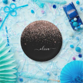 ローズゴールド - ブラッシュピンク ブラック グリッター モノグラム 名 ペーパープレート (パーティー)