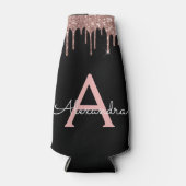 ローズゴールド - ブラッシュピンク ブラック グリッター モノグラム 名 ボトルクーラー (正面)