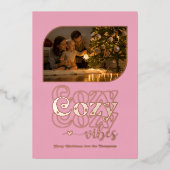 ローズゴールド & ブラッシュ コージーな雰囲気のレトロクリスマスフォト 箔シーズンカード (正面)
