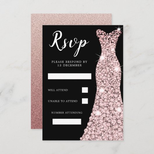 ローズゴールド ブラッシュ ドレス 誕生日パーティー ウェディング ブラック 出欠カード (正面/裏面)