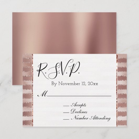ローズゴールド ブラッシュ ピンク ストライプ グリッツィー 結婚式 RSVP エンクロージャーカード (正面/裏面)