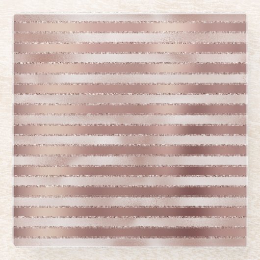 ローズゴールド ブラッシュ ピンク ストライプ グリッツ ガラスコースター (正面)