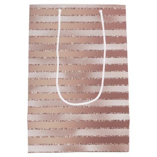 ローズゴールド ブラッシュ ピンク ストライプ グリッツ ブライダルシャワー ミディアムペーパーバッグ (裏面)