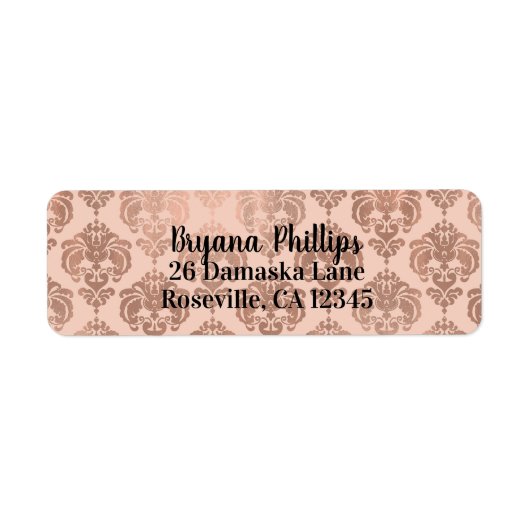 ローズゴールド ブラッシュ ピンク モダン グラム ダマスク ラベル (正面)