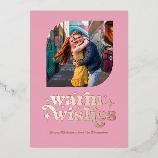 ローズゴールド&ブラッシュ モダン レトロ クリスマス フォト 箔シーズンカード (正面)