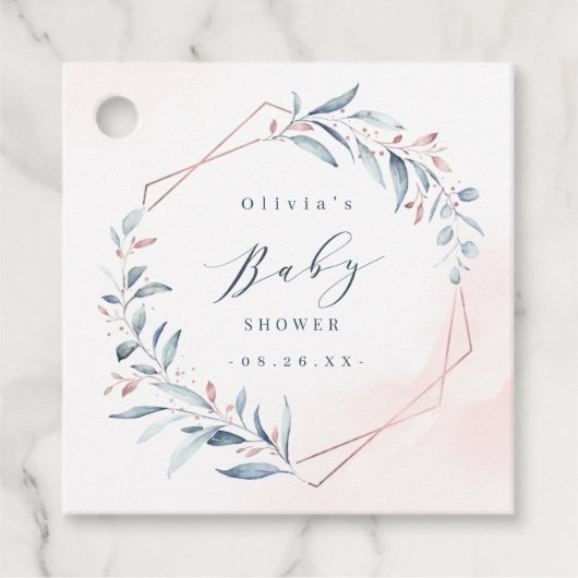 ローズゴールド ブルー グリーンレイ ジオメトリック ベイビー シャワー フェイバータグ (正面)