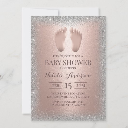 ローズゴールド ベビーフット シルバーグリッター ベビーシャワー 招待状 (正面)