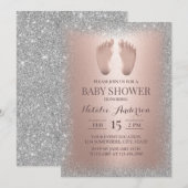 ローズゴールド ベビーフット シルバーグリッター ベビーシャワー 招待状 (正面/裏面)